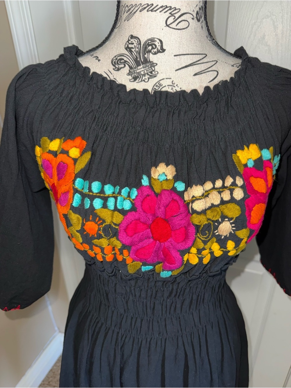 Handmade Embroidered Black Linen Cotton Dress Small Boho Floral - Picture 9 of 11